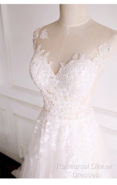 Ivory Tulle With Lace Round Neckline Long Wedding Party Dress, Ivory Tulle Semi Formal Prom Dress